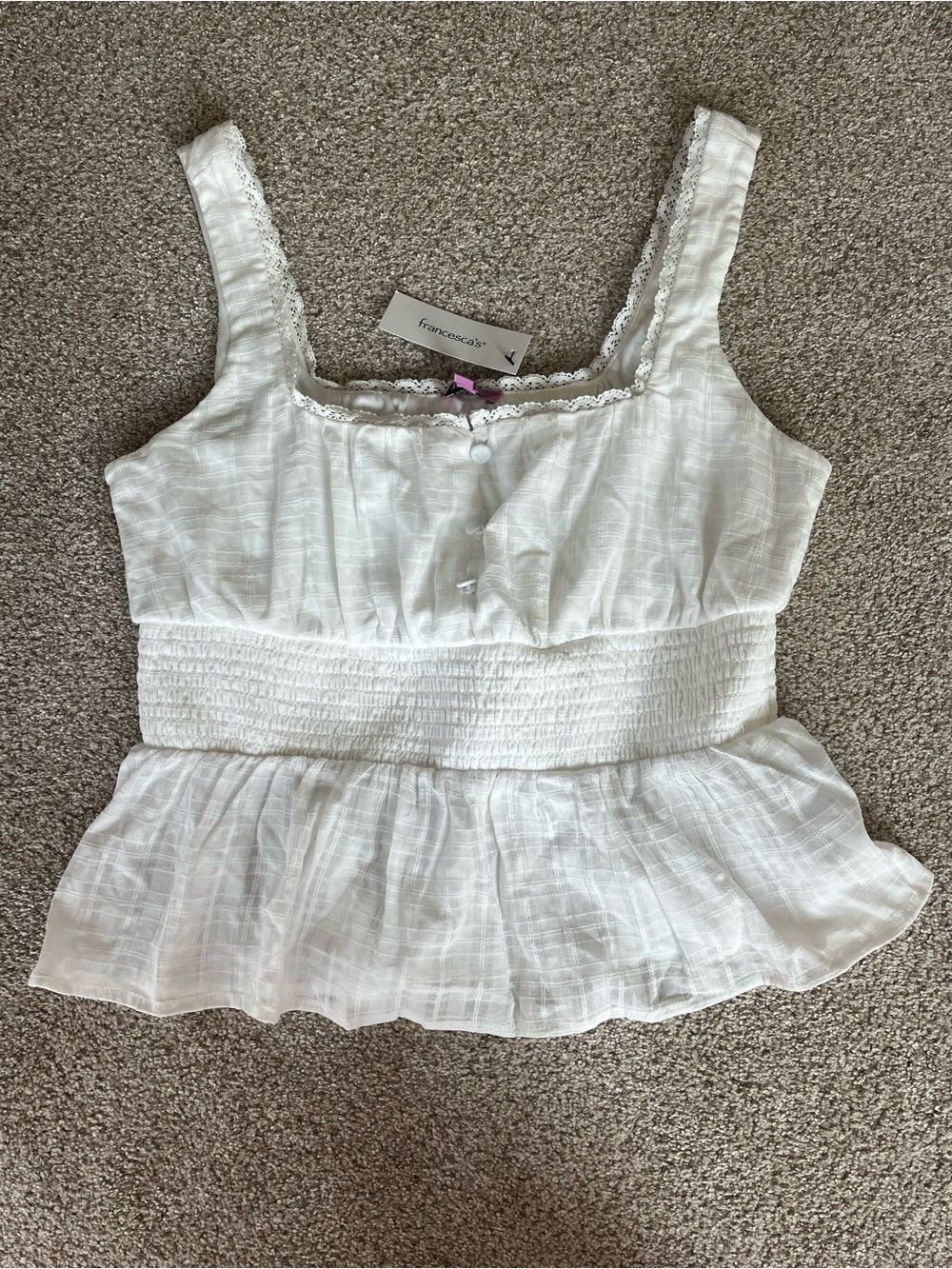 Francesca's Collections White Lace-Trim Smocked Peplum Camisole
